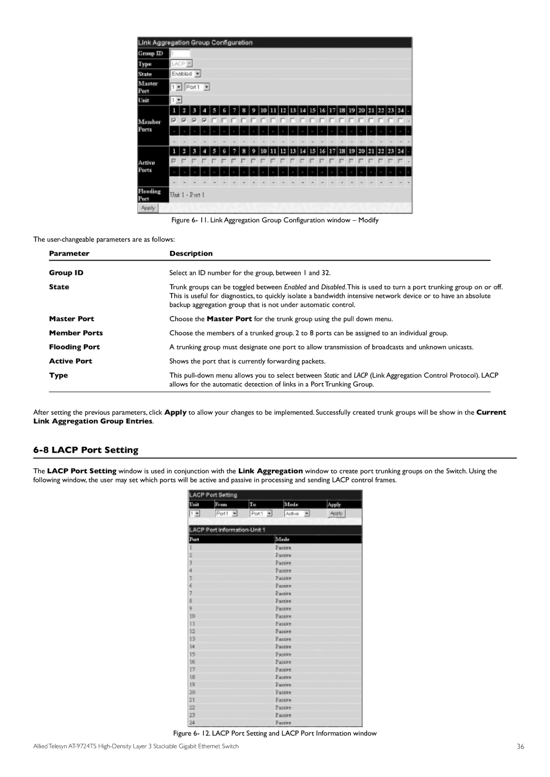 Allied Telesis AT-9724TS specifications Lacp Port Setting and Lacp Port Information window 