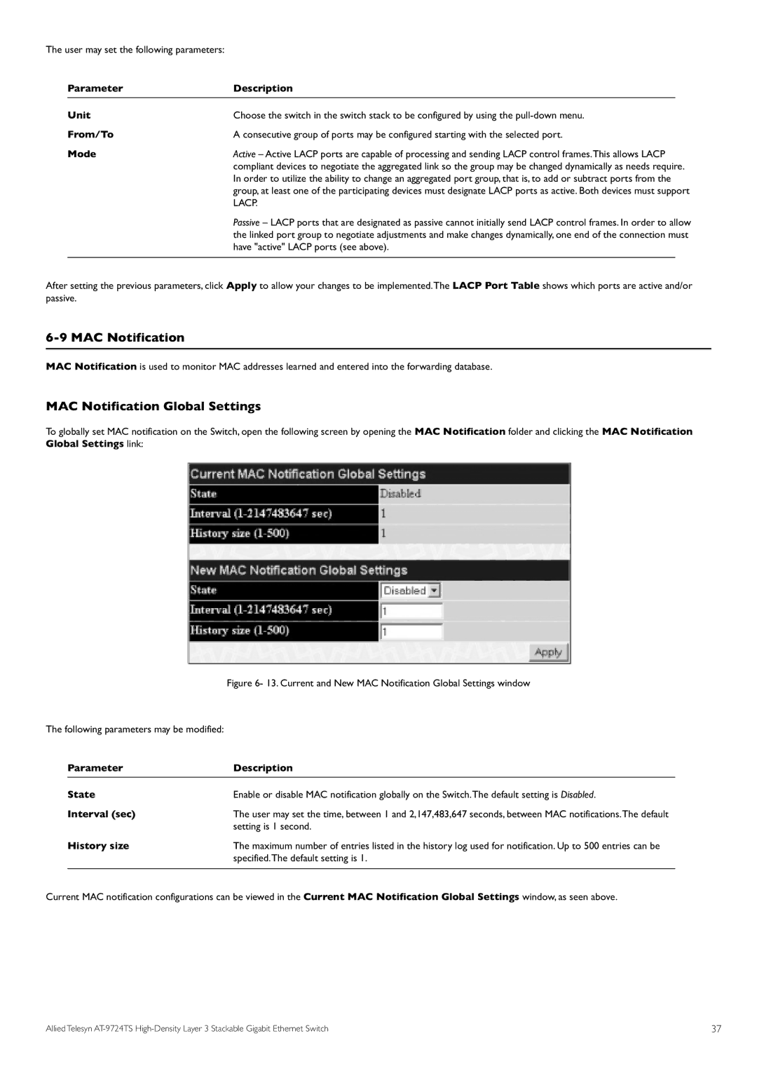 Allied Telesis AT-9724TS specifications MAC Notification Global Settings, User may set the following parameters 