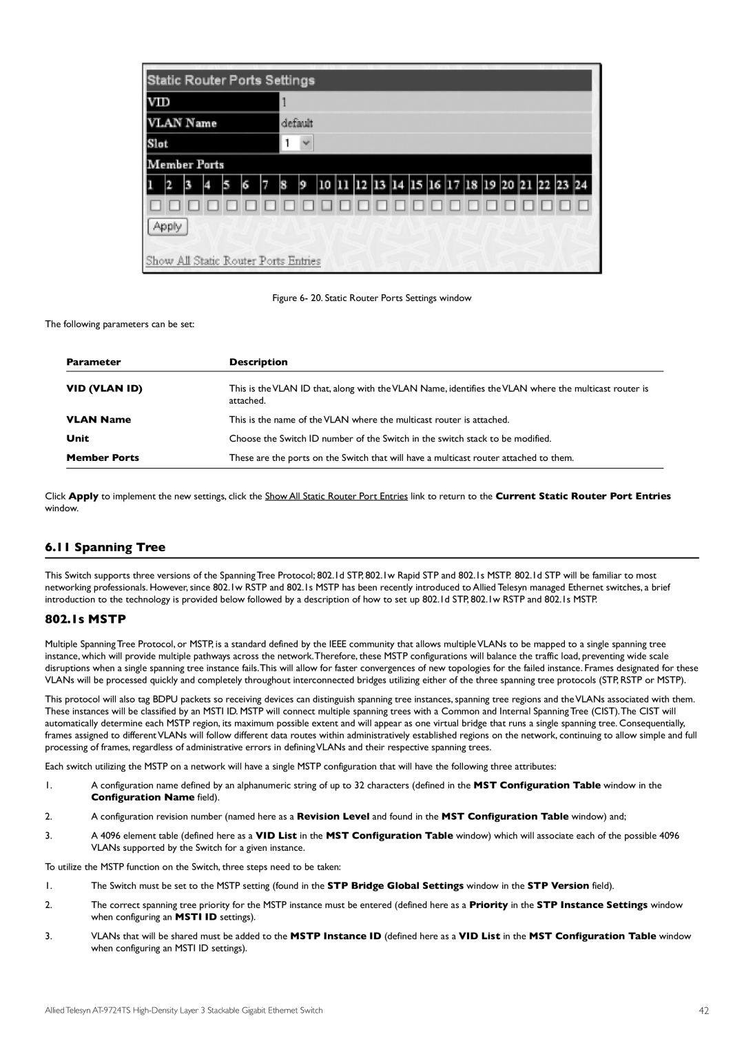 Allied Telesis AT-9724TS specifications Spanning Tree, 802.1s Mstp, Following parameters can be set, VID Vlan ID, Attached 