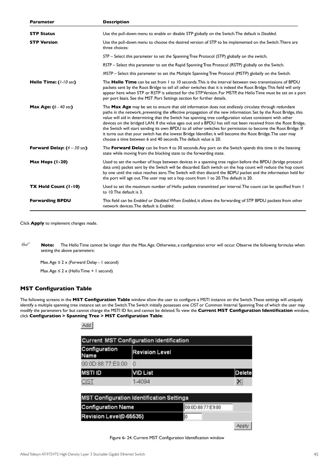 Allied Telesis AT-9724TS specifications MST Configuration Table 