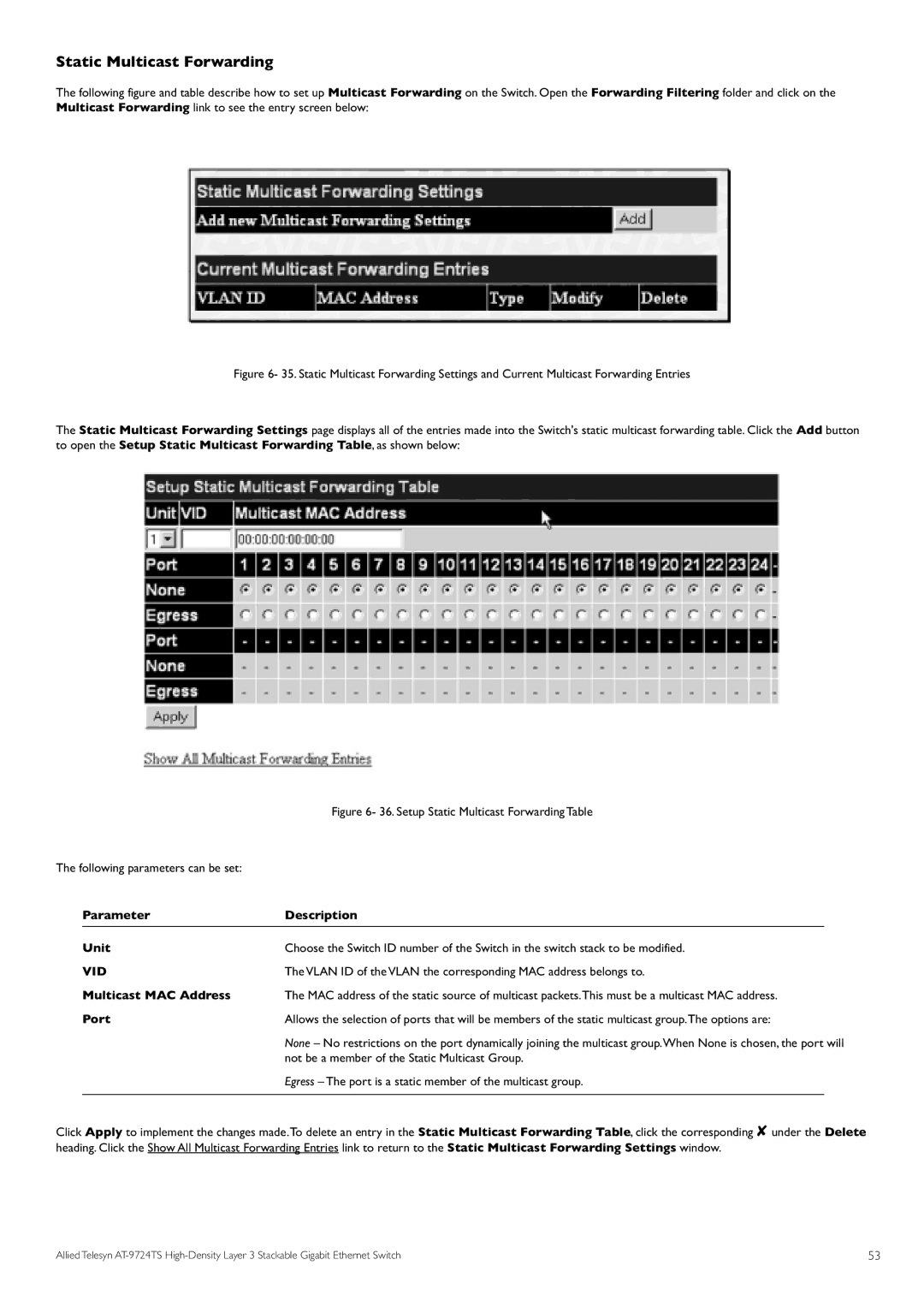 Allied Telesis AT-9724TS specifications Static Multicast Forwarding, Vid, Multicast MAC Address 