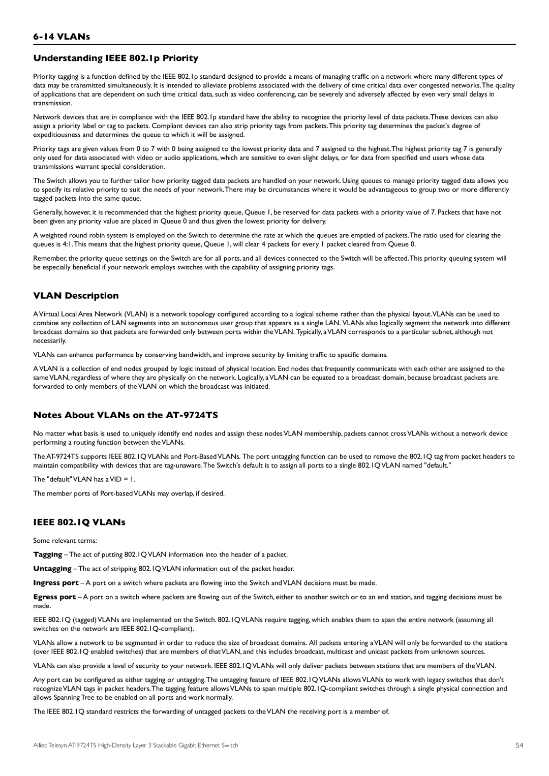 Allied Telesis AT-9724TS VLANs Understanding Ieee 802.1p Priority, Vlan Description, Ieee 802.1Q VLANs Some relevant terms 