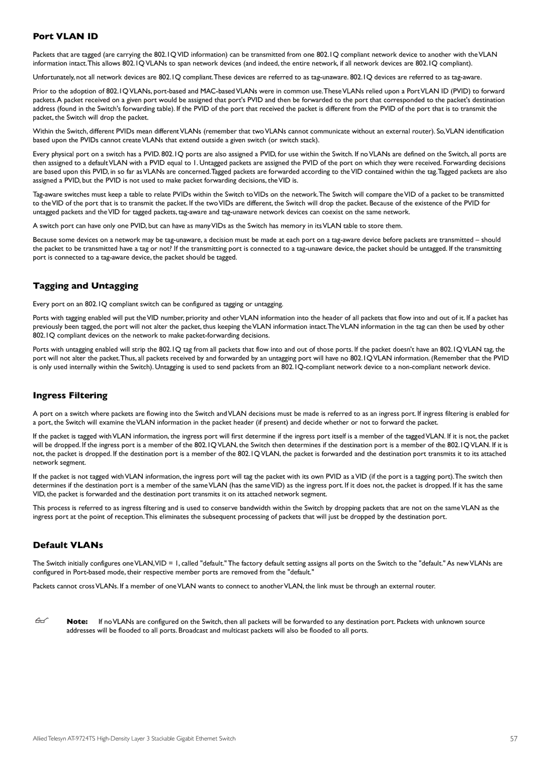 Allied Telesis AT-9724TS specifications Port Vlan ID, Tagging and Untagging, Ingress Filtering, Default VLANs 