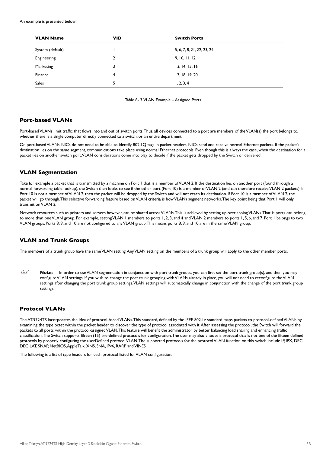 Allied Telesis AT-9724TS Port-based VLANs, Vlan Segmentation, Vlan and Trunk Groups, Protocol VLANs, Switch Ports 