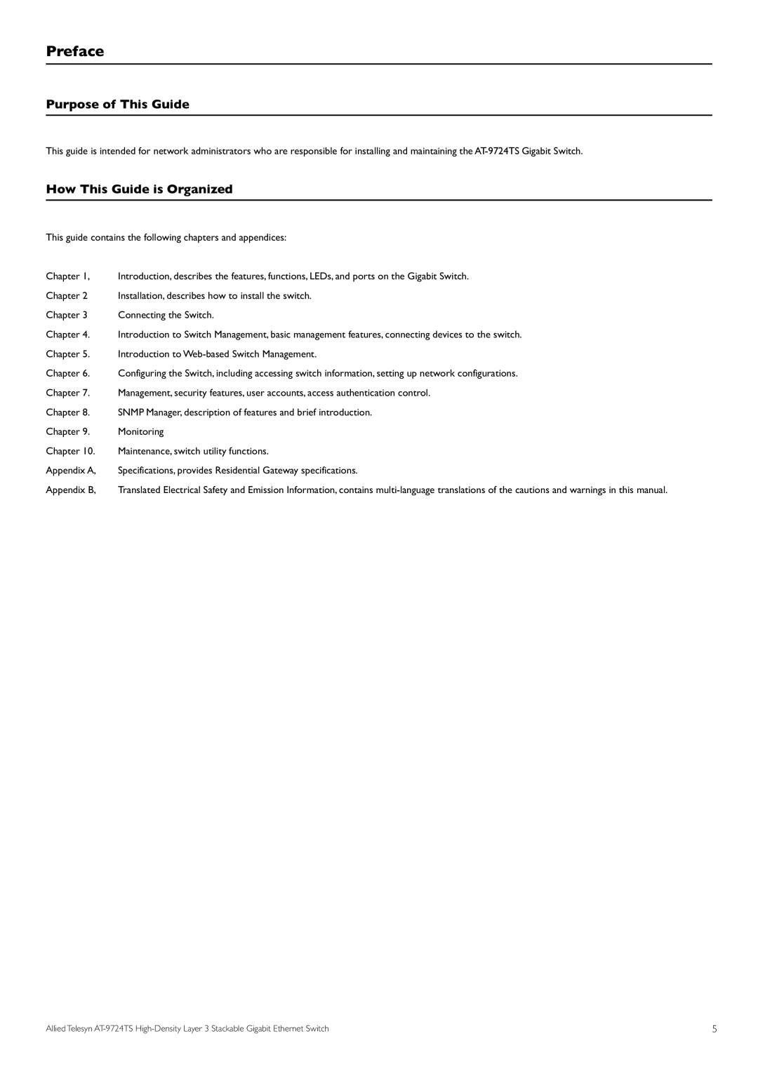 Allied Telesis AT-9724TS specifications Preface, Purpose of This Guide, How This Guide is Organized 