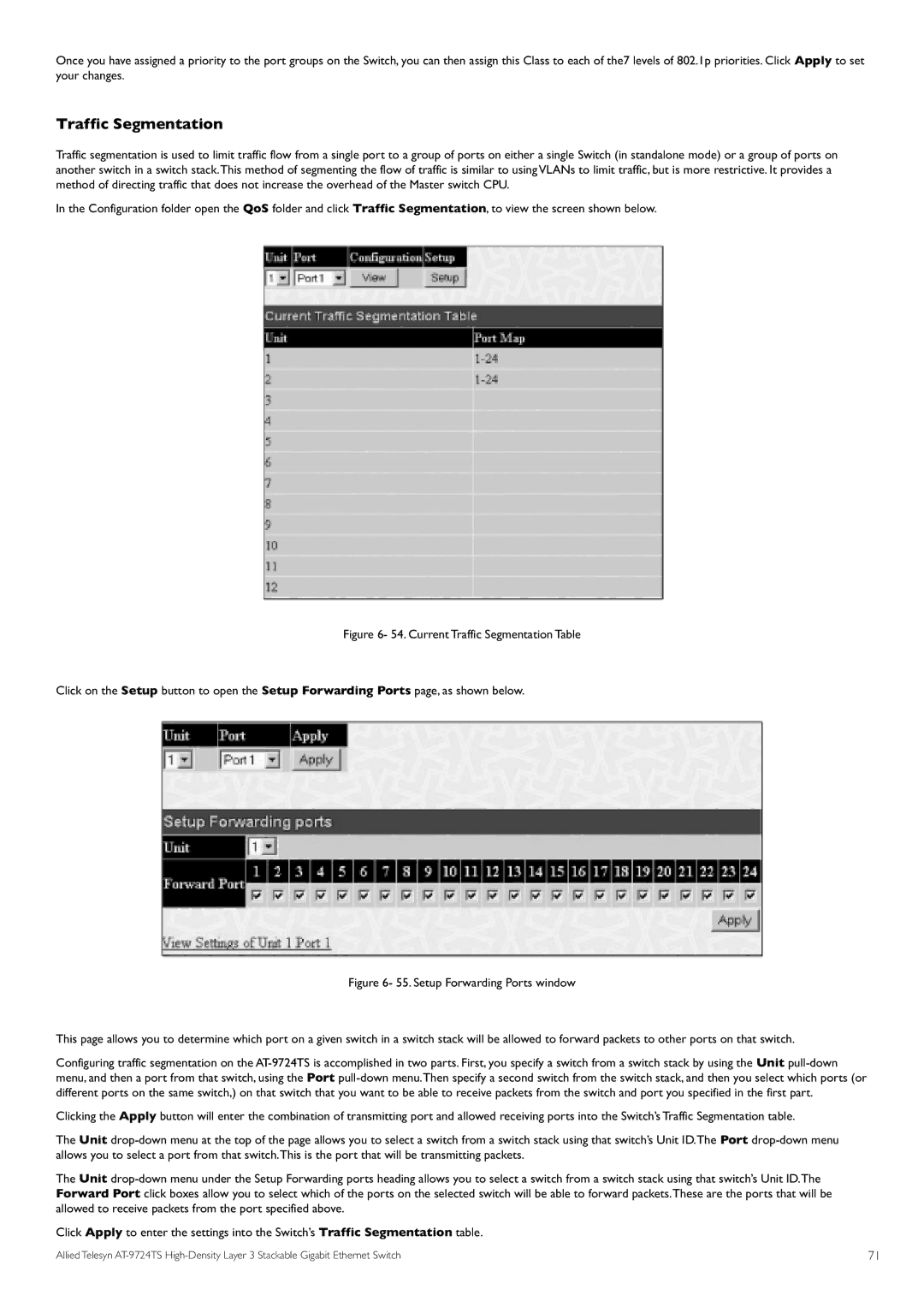 Allied Telesis AT-9724TS specifications Traffic Segmentation, Setup Forwarding Ports window 