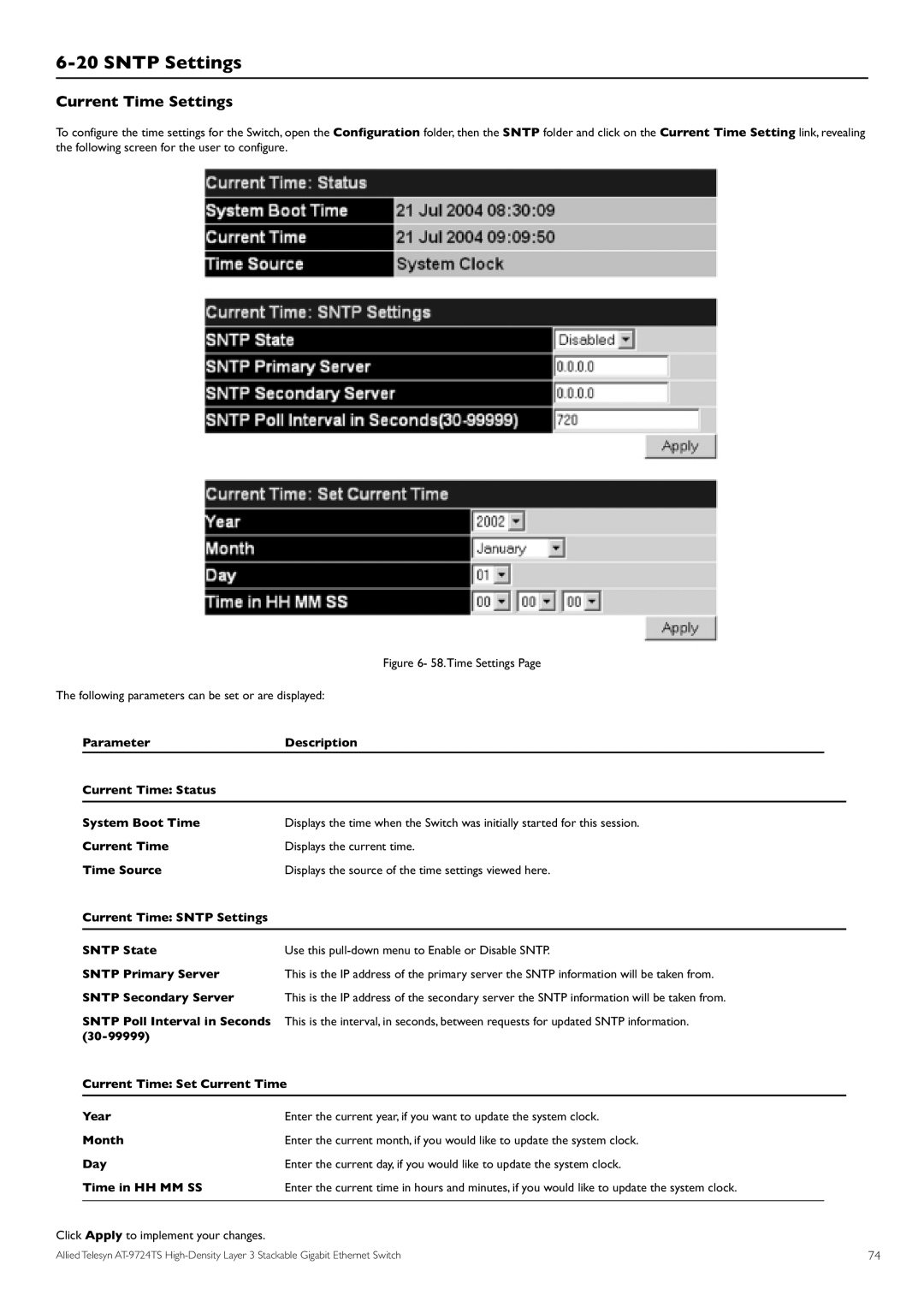 Allied Telesis AT-9724TS specifications Sntp Settings, Current Time Settings 