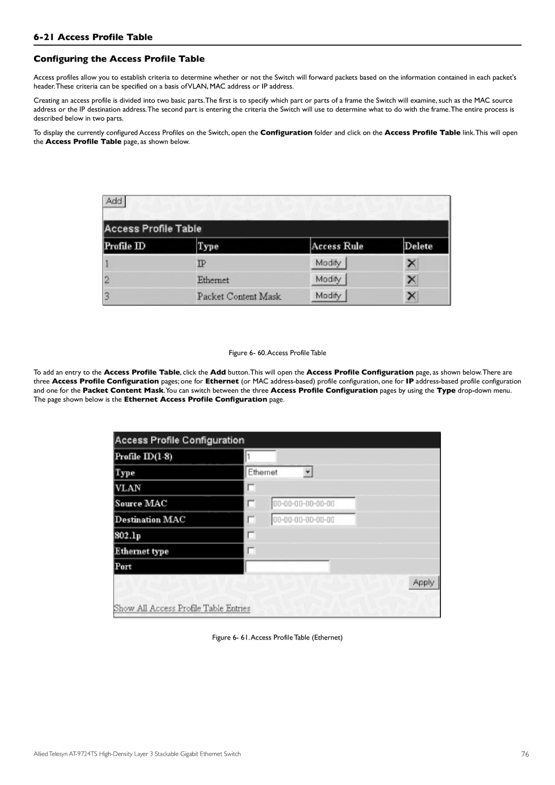 Allied Telesis AT-9724TS Access Profile Table Configuring the Access Profile Table, Access Profile Table Ethernet 
