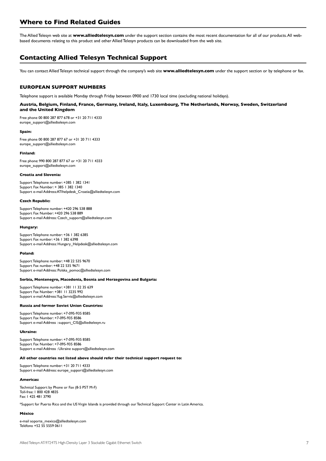 Allied Telesis AT-9724TS specifications European Support Numbers 