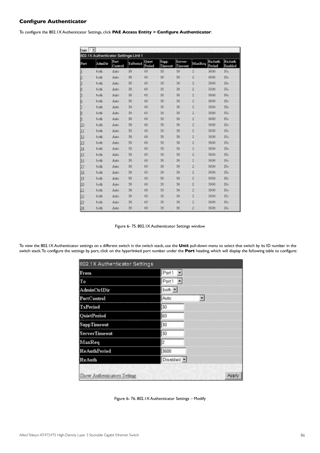 Allied Telesis AT-9724TS specifications Configure Authenticator, 75 .1X Authenticator Settings window 