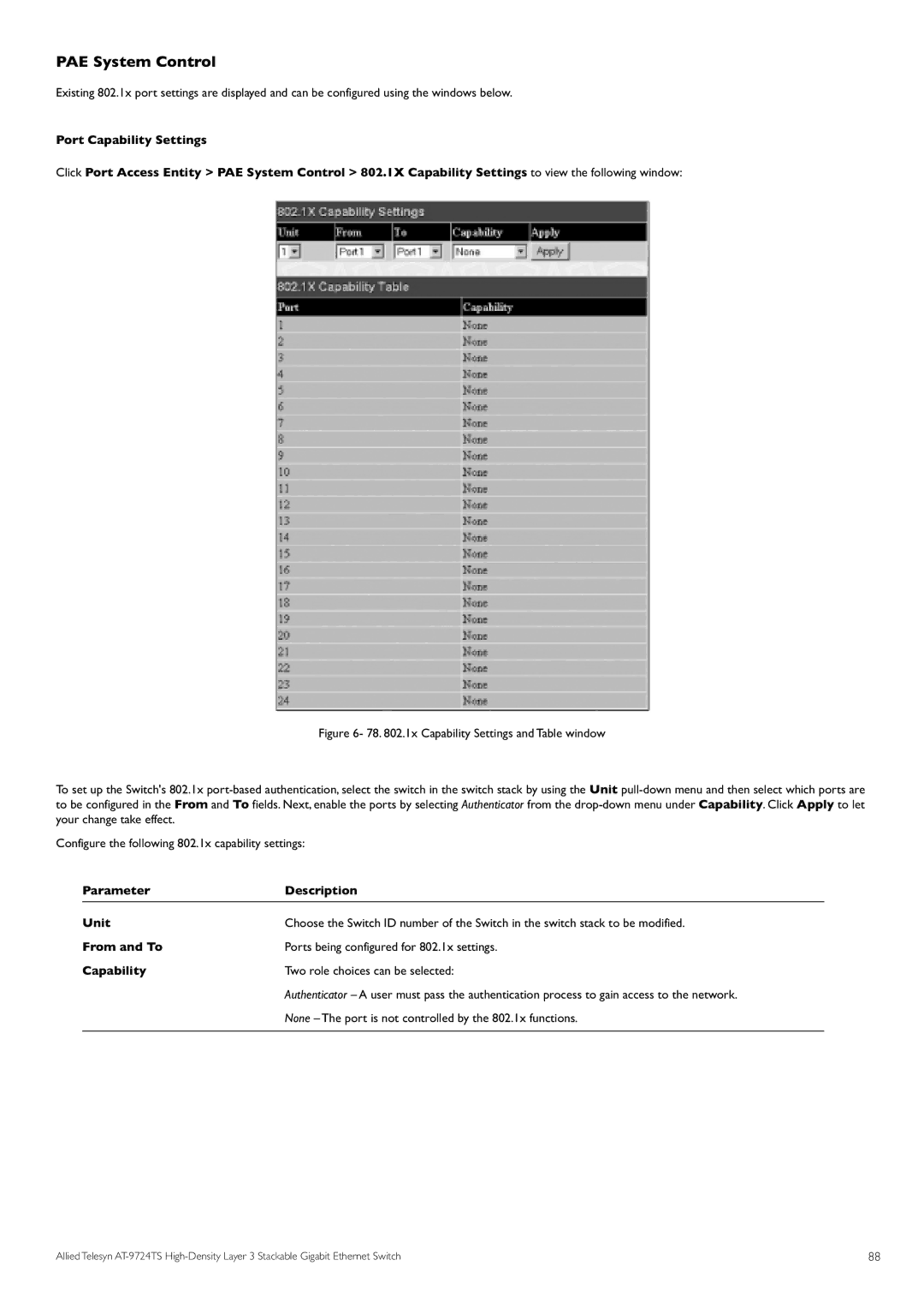 Allied Telesis AT-9724TS specifications PAE System Control, From and To, Capability 