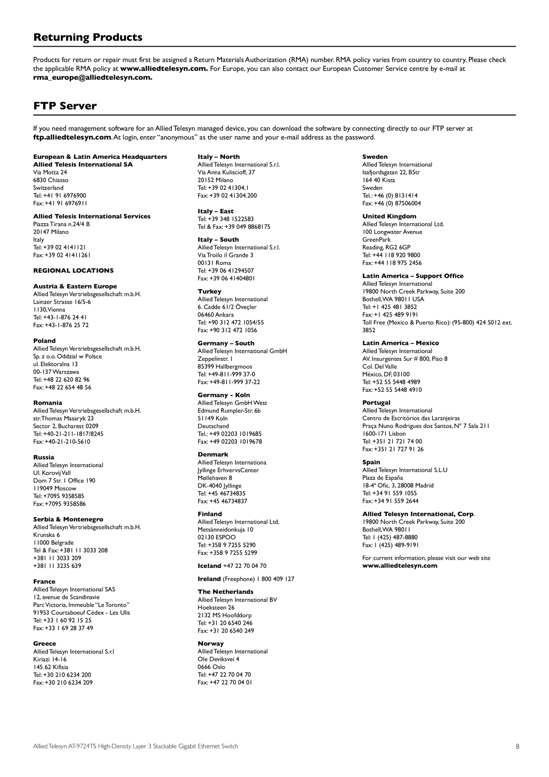 Allied Telesis AT-9724TS specifications Returning Products FTP Server, Regional Locations 