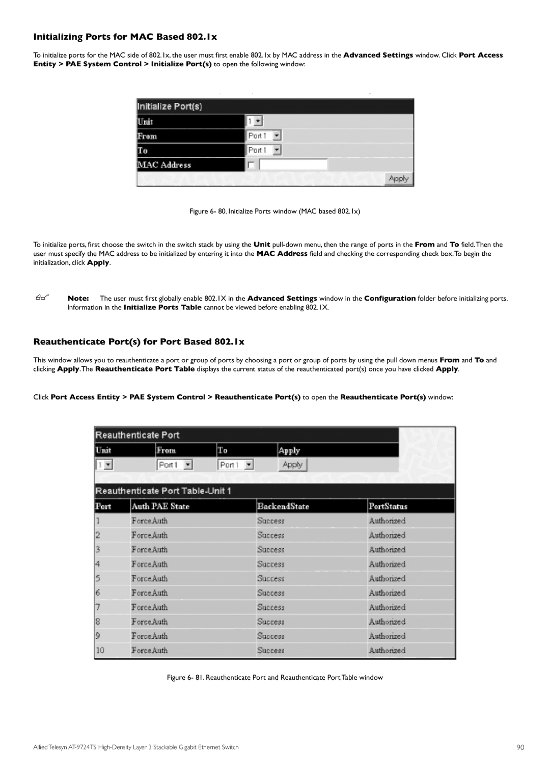 Allied Telesis AT-9724TS specifications Initializing Ports for MAC Based, Reauthenticate Ports for Port Based 