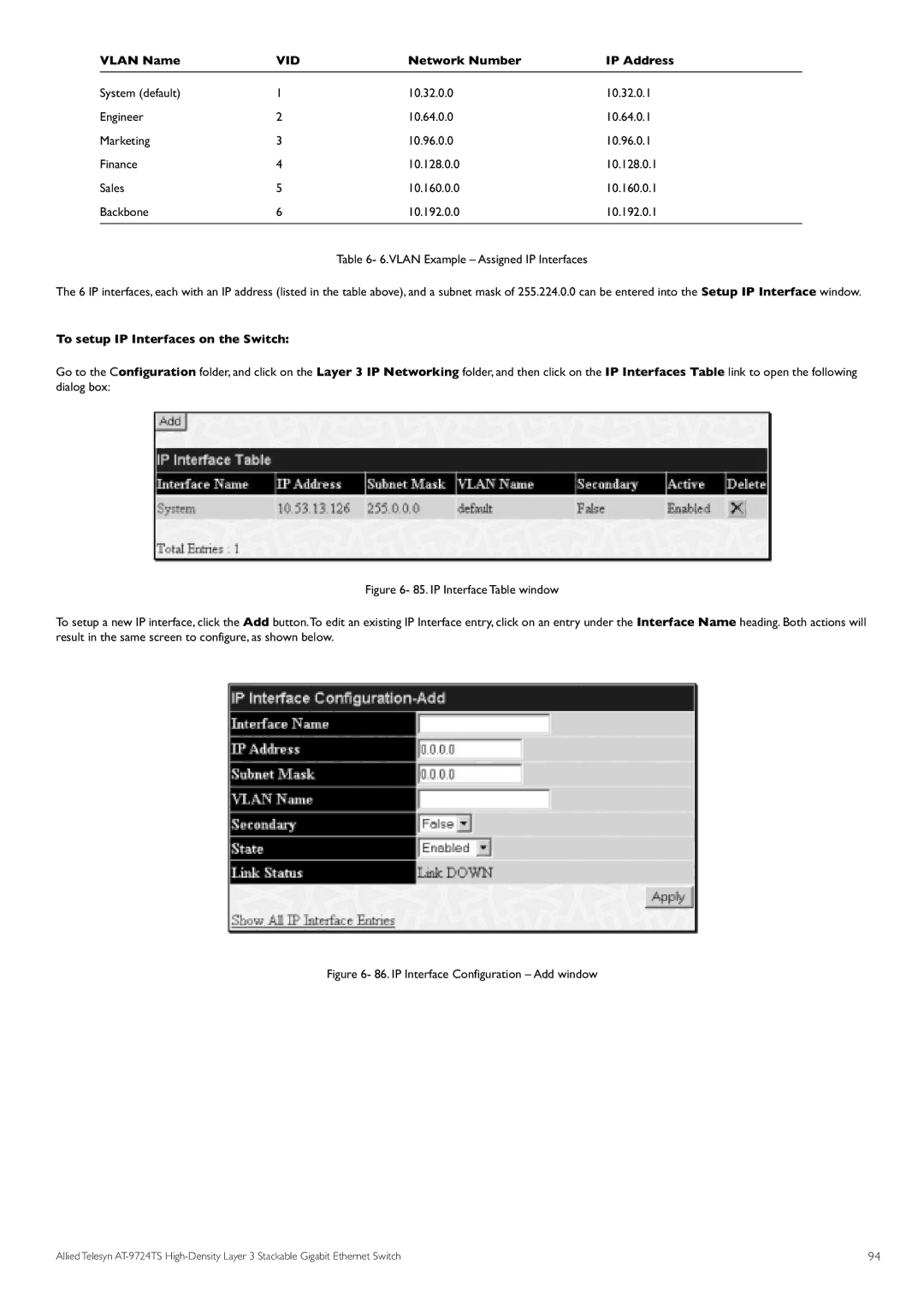 Allied Telesis AT-9724TS specifications Network Number IP Address, To setup IP Interfaces on the Switch 