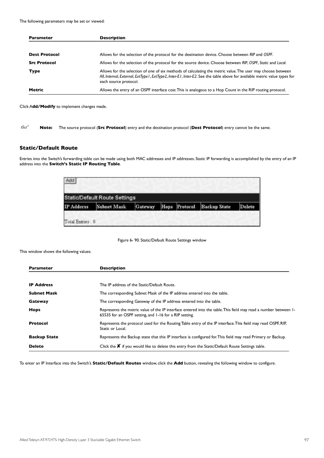 Allied Telesis AT-9724TS specifications Static/Default Route, Following parameters may be set or viewed 