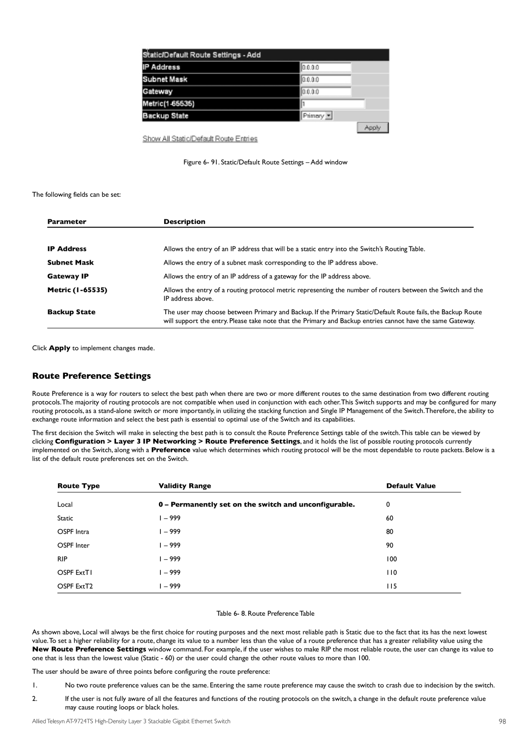 Allied Telesis AT-9724TS Route Preference Settings, Backup State IP address above, Click Apply to implement changes made 