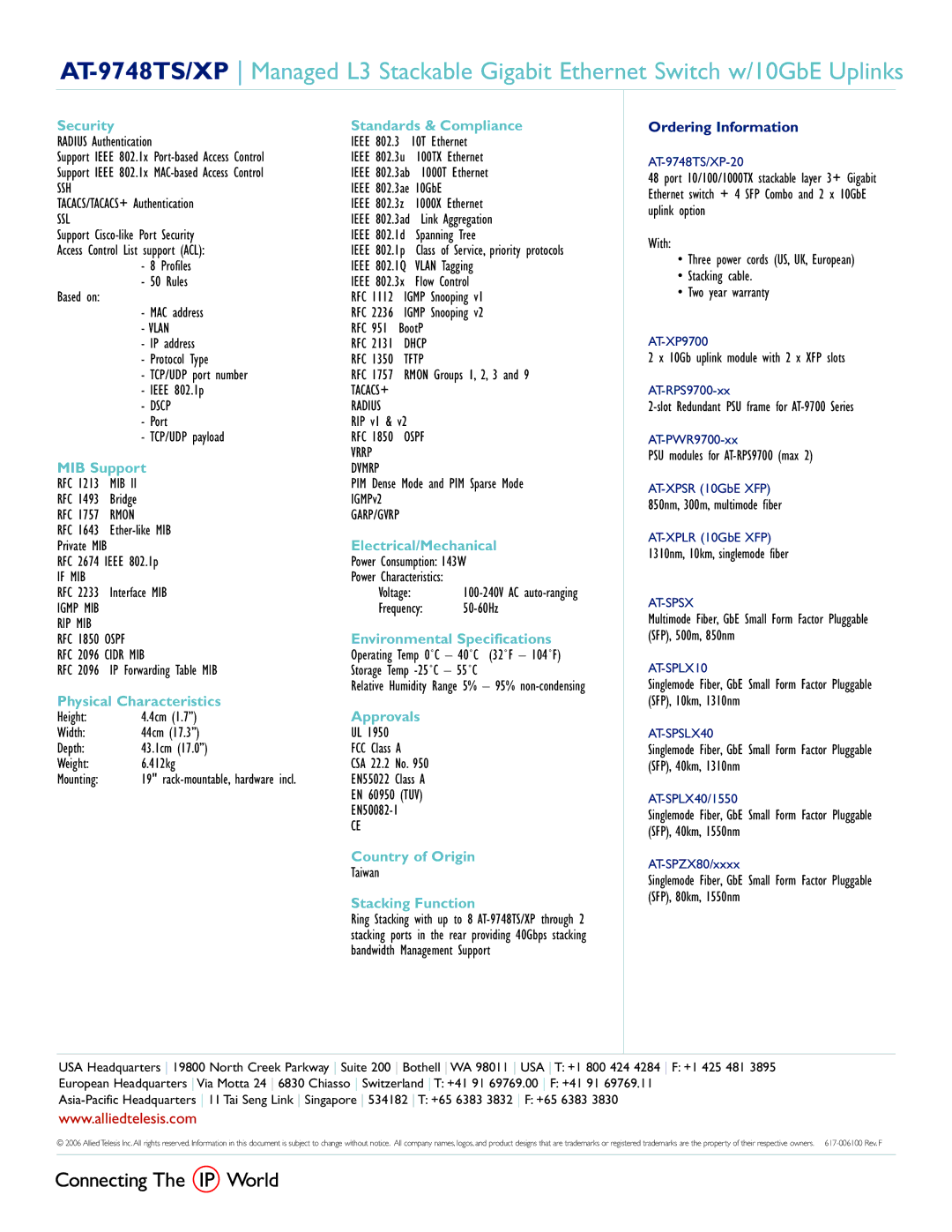 Allied Telesis AT-9748TS/XP-20 warranty Security, MIB Support, Physical Characteristics, Standards & Compliance, Approvals 