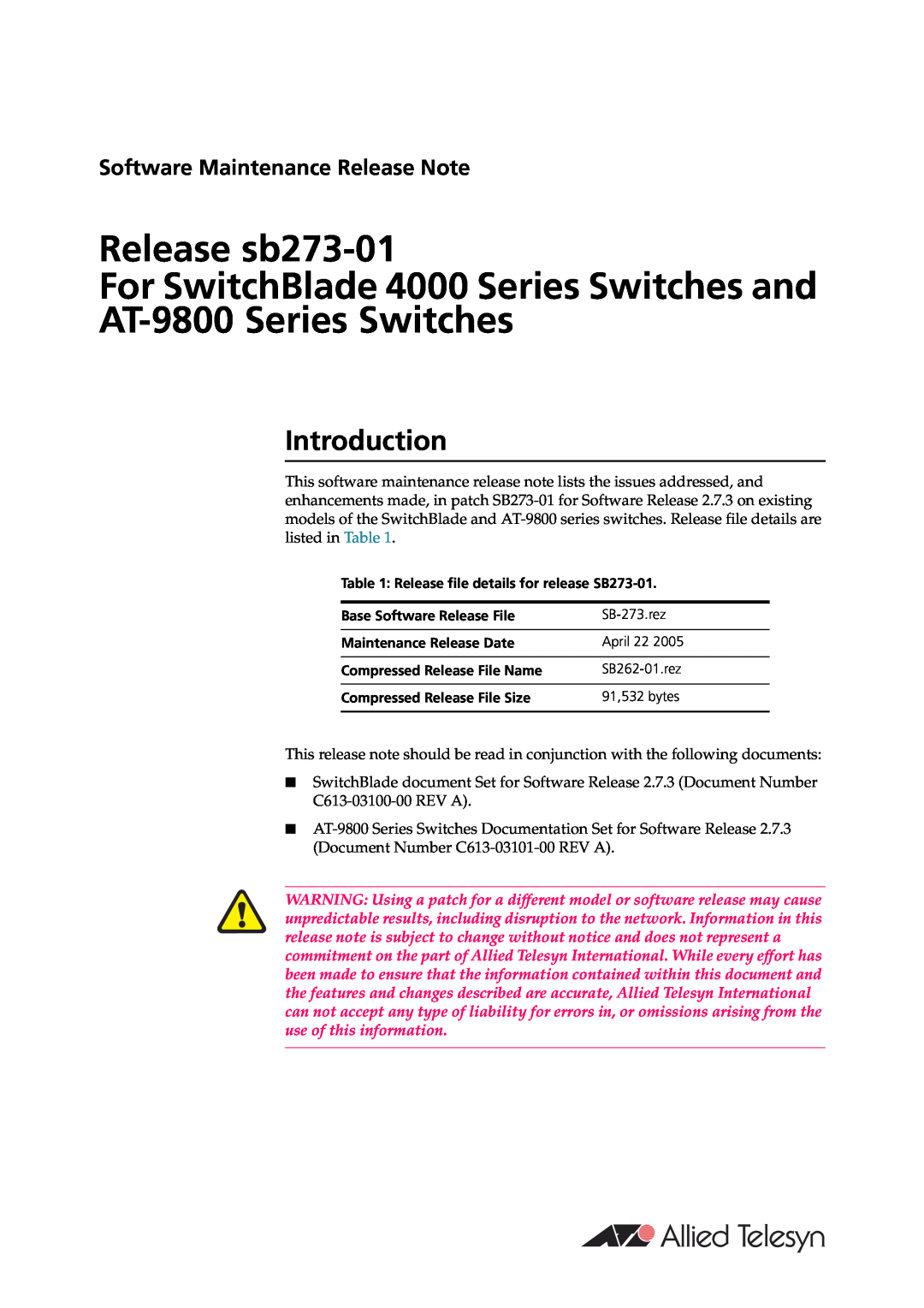 Allied Telesis manual Introduction, Software Maintenance Release Note, AT-9800 Series Switches 