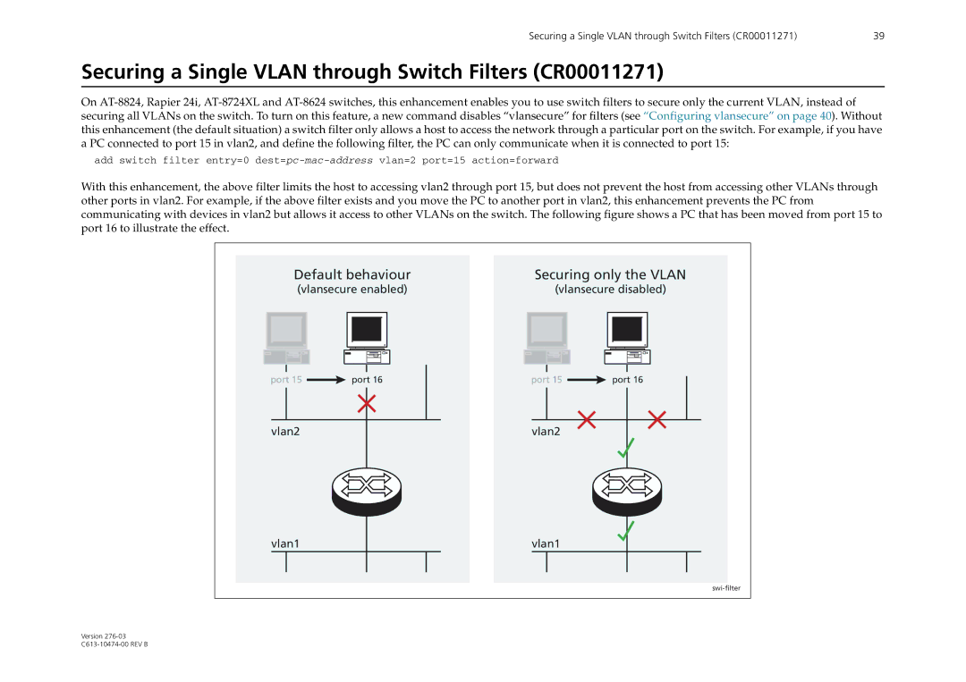 Allied Telesis AT-9900 Series manual Securing a Single Vlan through Switch Filters CR00011271 