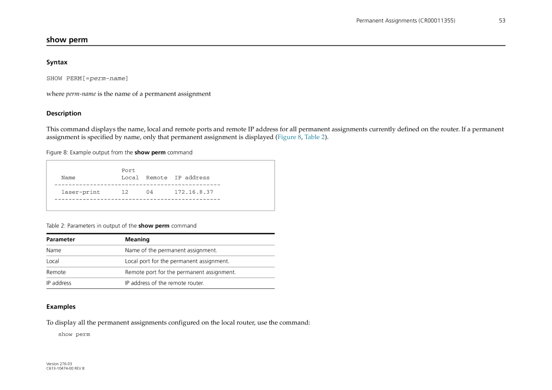 Allied Telesis AT-9900 Series manual Show perm, Parameter Meaning 