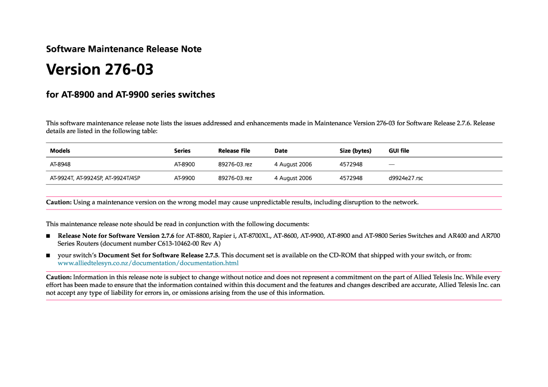 Allied Telesis AT-9900 Series manual Software Maintenance Release Note, for AT-8900 and AT-9900 series switches, Version 