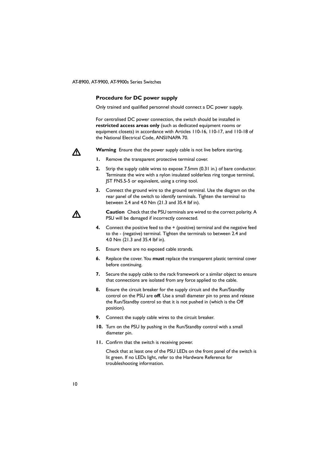 Allied Telesis AT-9900s manual Procedure for DC power supply 