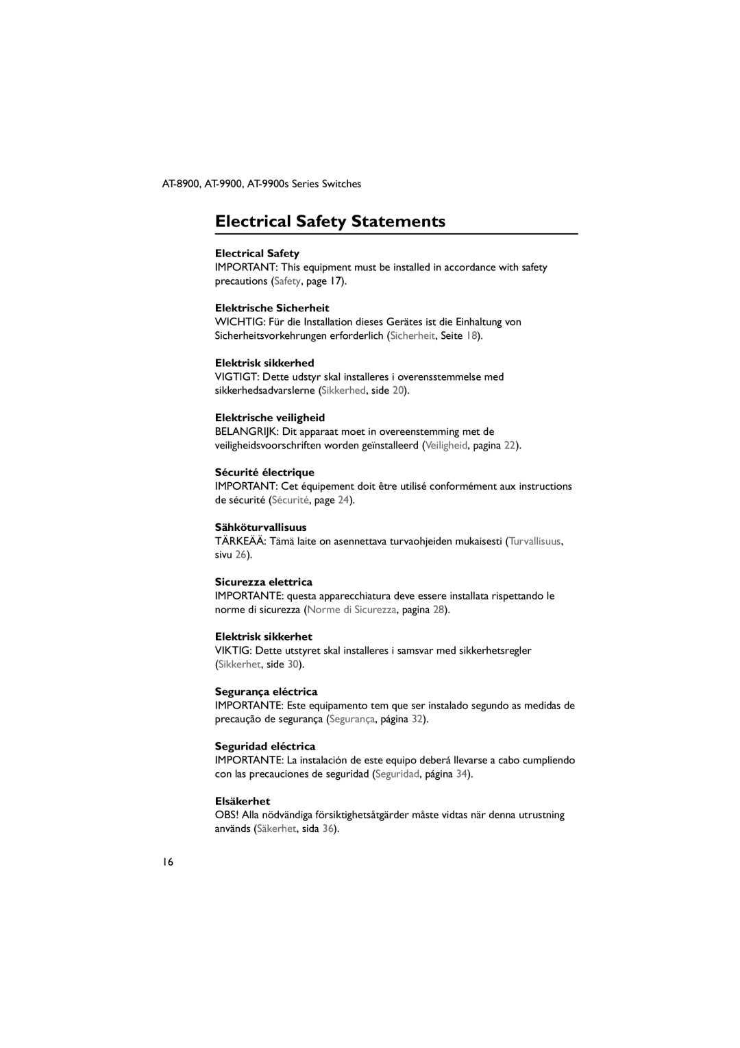 Allied Telesis AT-9900s manual Electrical Safety Statements, Elektrische Sicherheit 