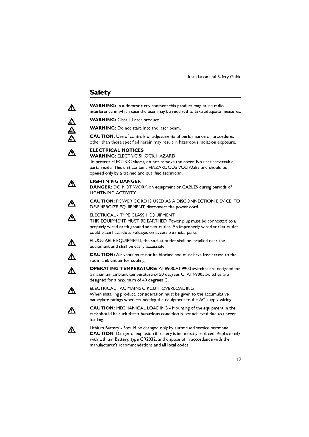 Allied Telesis AT-9900s Safety, Electrical Notices, Lightning Danger, Lightning Activity Electrical Type Class 1 Equipment 