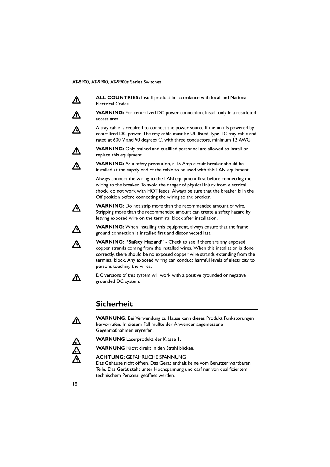 Allied Telesis AT-9900s manual Sicherheit, Achtung Gefährliche Spannung 