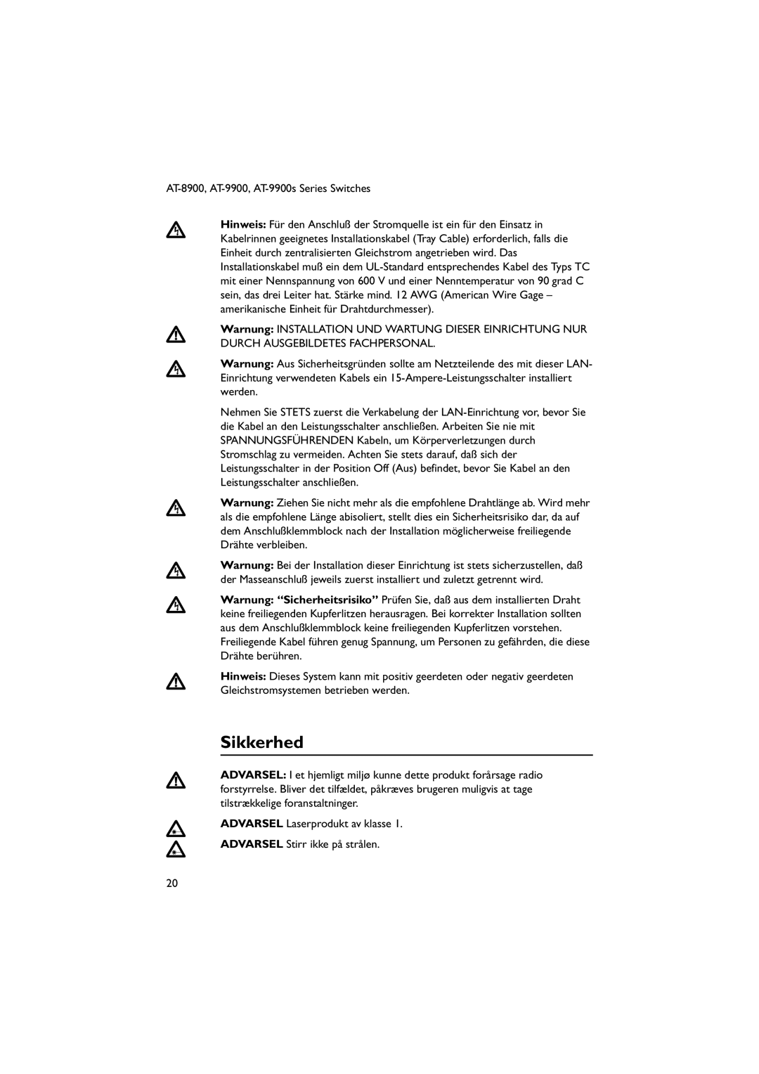 Allied Telesis AT-9900s manual Sikkerhed 