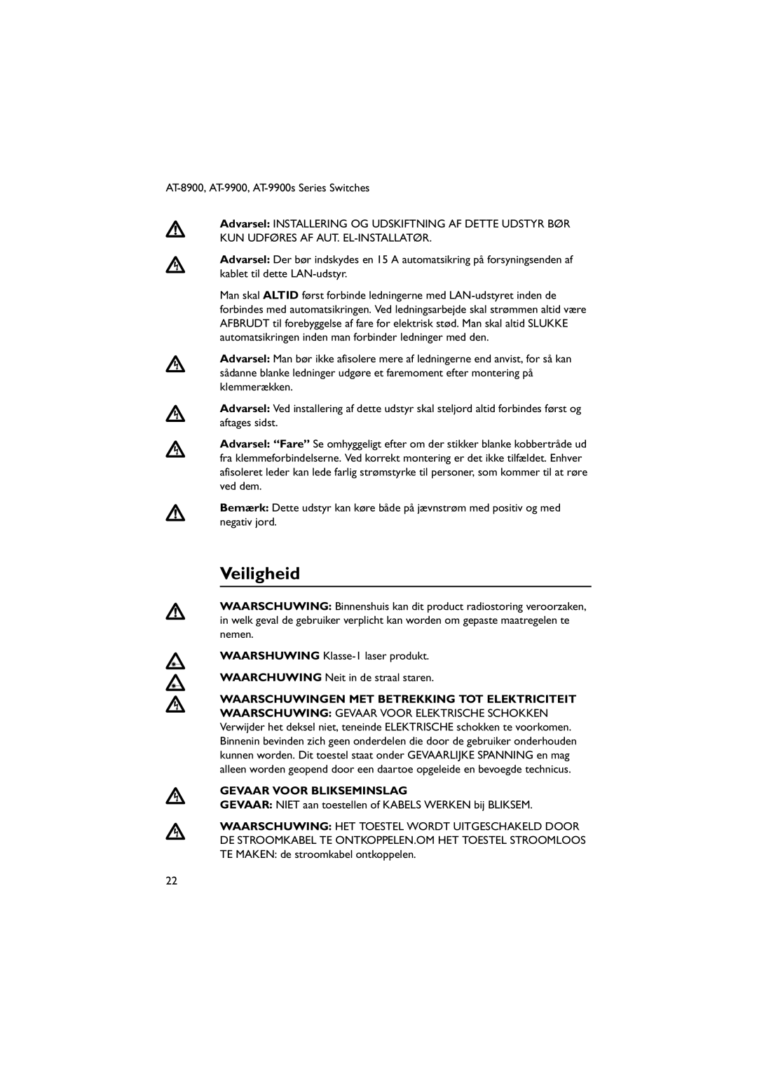 Allied Telesis AT-9900s manual Veiligheid, Gevaar Voor Blikseminslag 