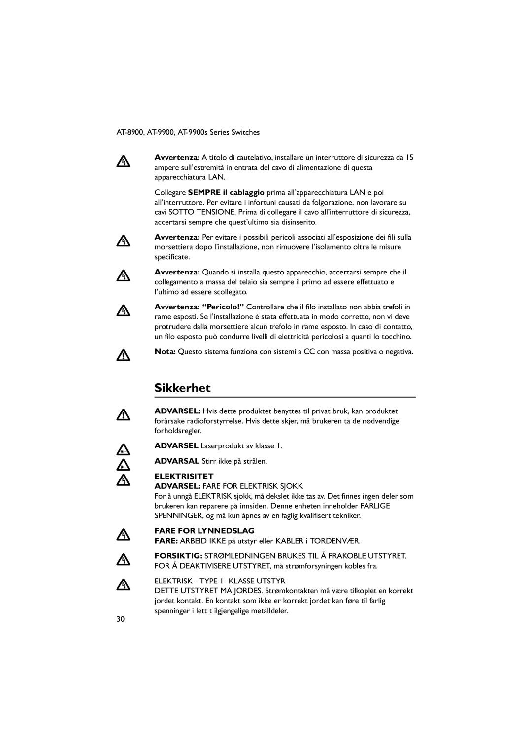 Allied Telesis AT-9900s manual Sikkerhet, Elektrisitet, Fare for Lynnedslag, Elektrisk Type 1- Klasse Utstyr 