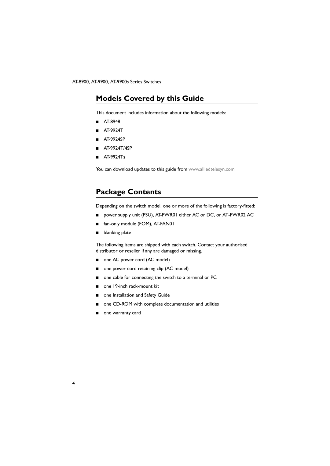 Allied Telesis AT-9900s manual Models Covered by this Guide, Package Contents 