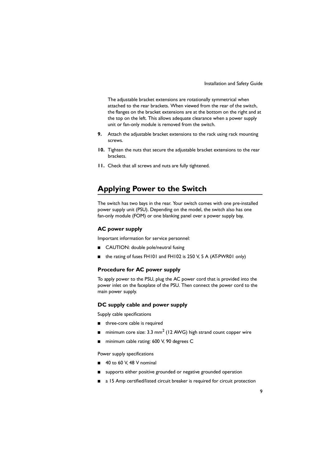 Allied Telesis AT-9900s manual Applying Power to the Switch, AC power supply 