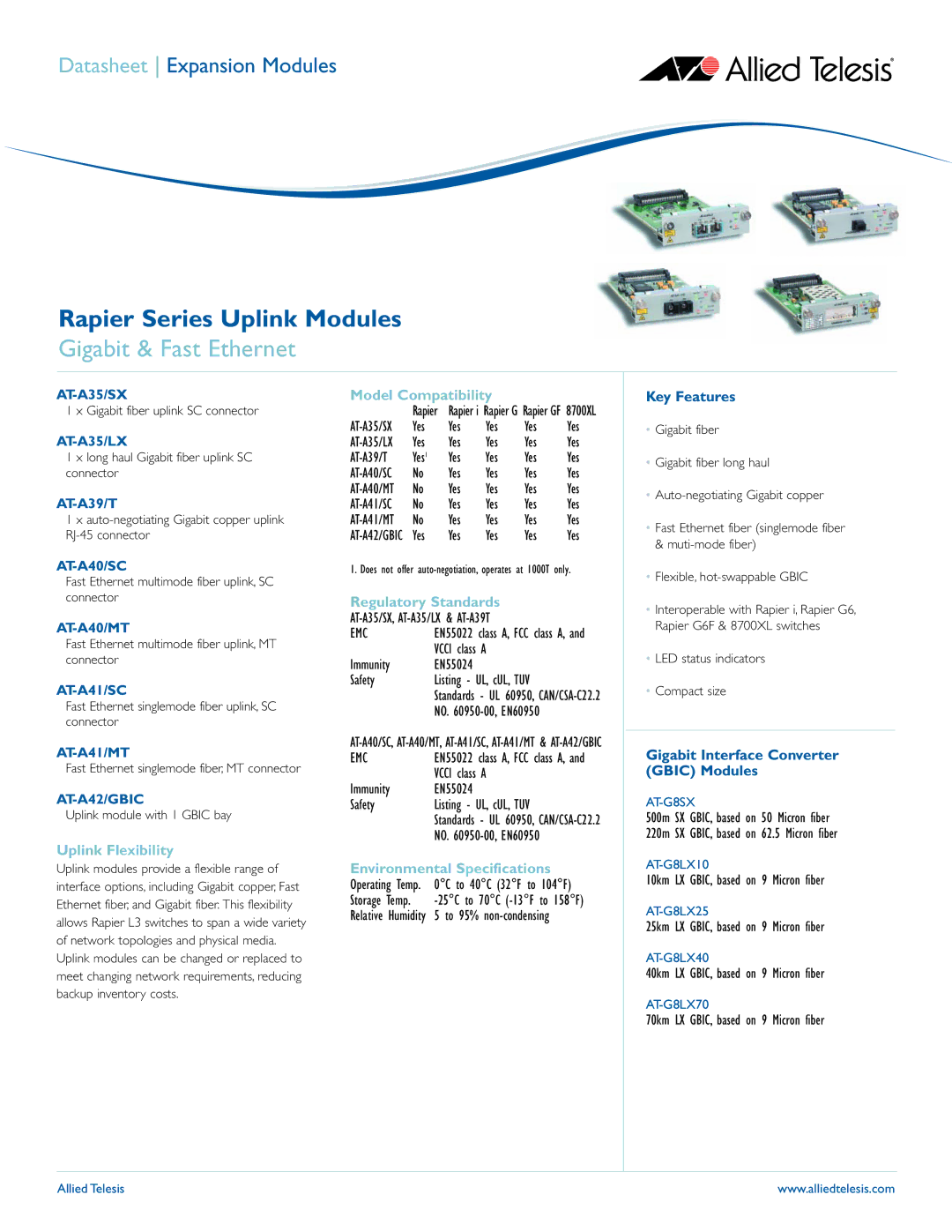 Allied Telesis AT-A35-SX/SC specifications Uplink Flexibility, Model Compatibility, Regulatory Standards, Key Features 