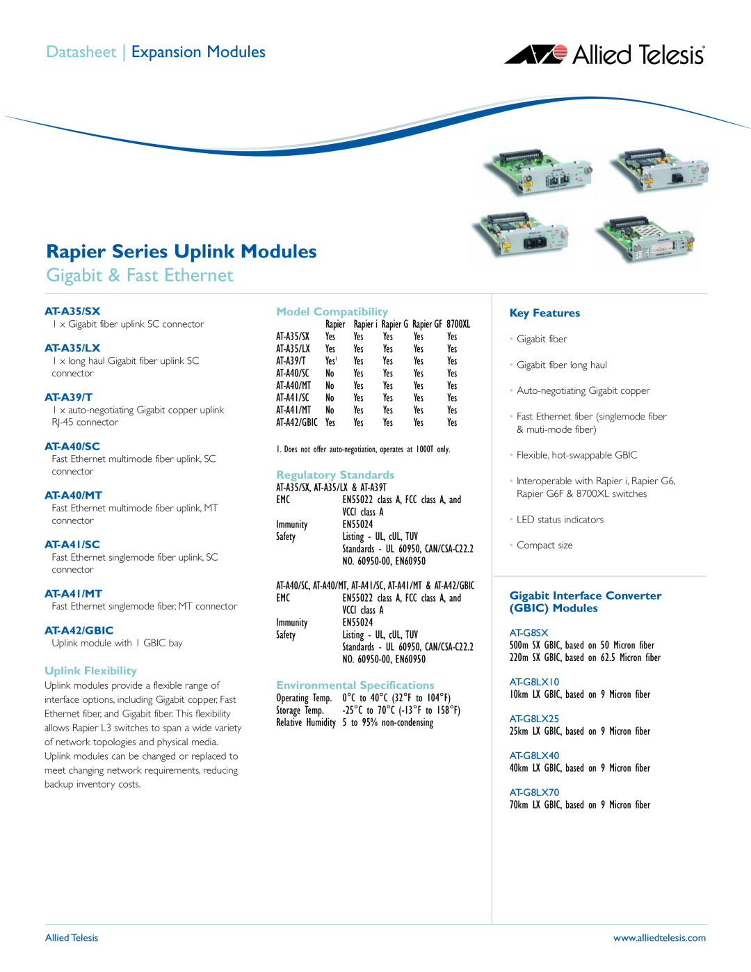 Allied Telesis AT-A35-SX/SC, AT-A40/SC specifications Rapier Series Uplink Modules, Key Features, Gigabit & Fast Ethernet 
