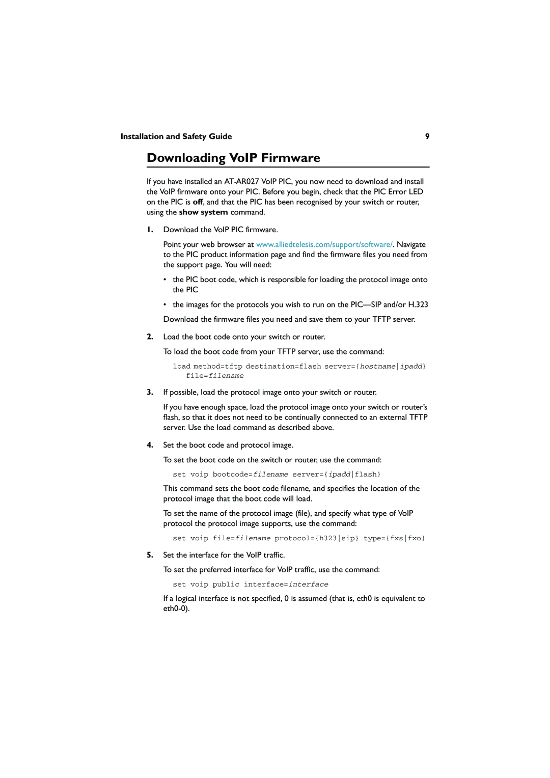 Allied Telesis AT-AR027VOLP-FXS, AT-AR020 PRI EI/TI manual Downloading VoIP Firmware, Set the interface for the VoIP traffic 