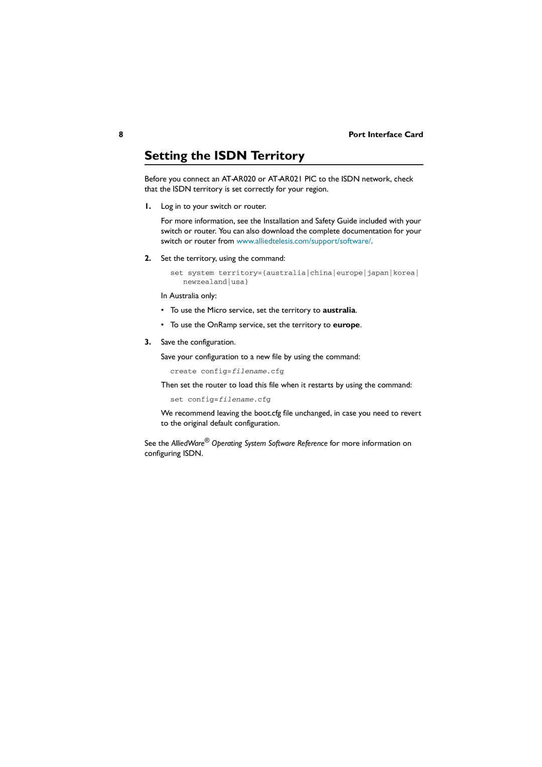 Allied Telesis AT-AR020 PRI EI/TI, AT-AR027VOLP-FXS, AT-AR021 (S)BRI-S/I manual Setting the Isdn Territory 