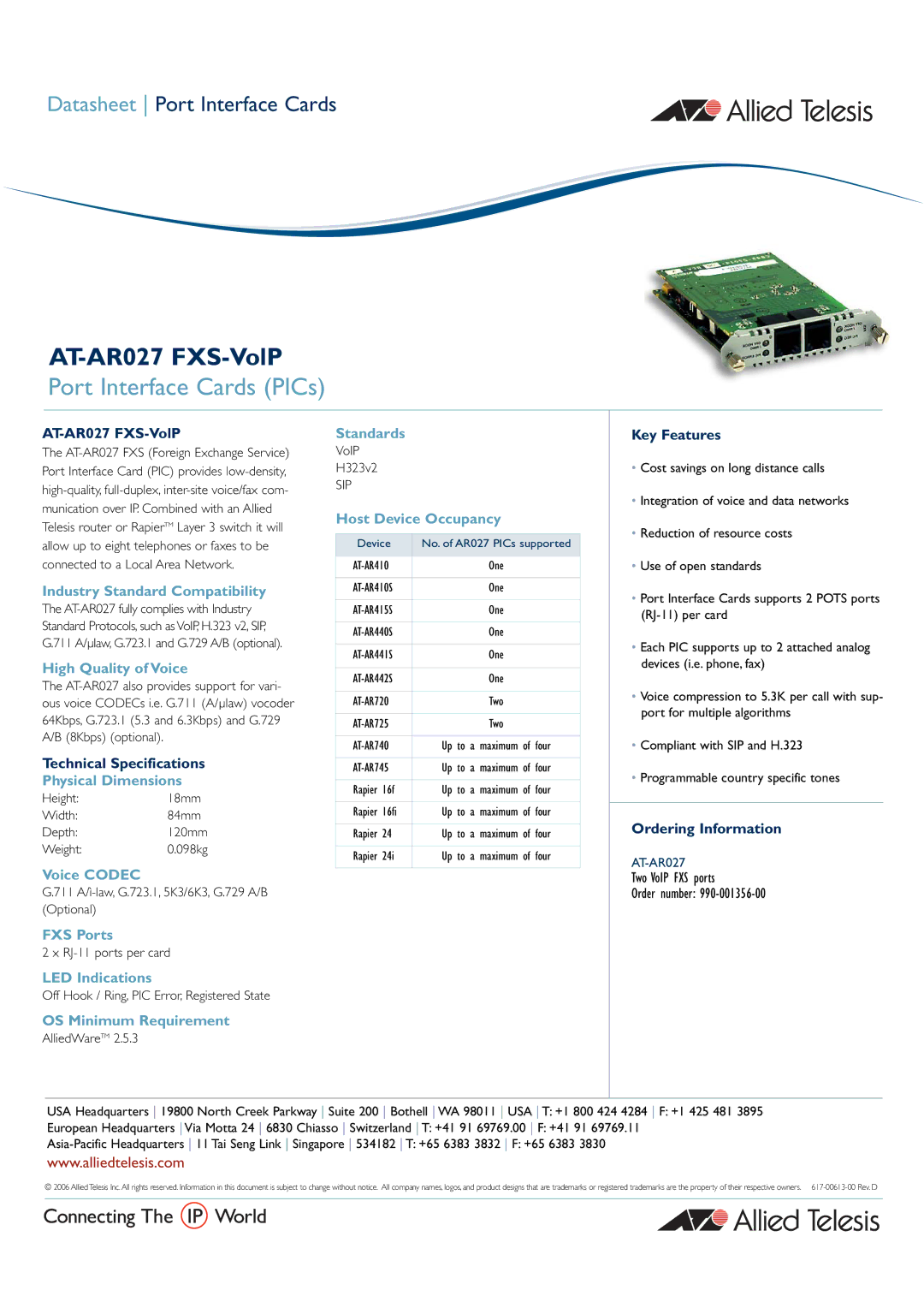 Allied Telesis AT-AR027 technical specifications Industry Standard Compatibility, High Quality of Voice, Voice Codec 