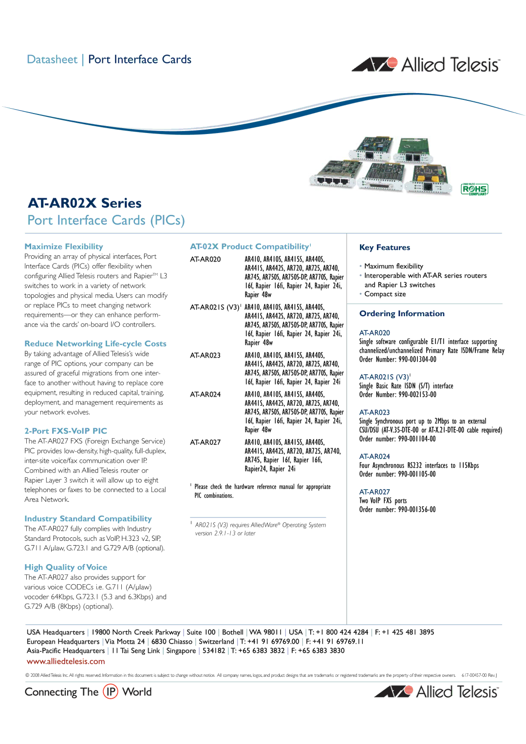 Allied Telesis AT-AR02X Series manual Maximize Flexibility, Reduce Networking Life-cycle Costs, Port FXS-VoIP PIC 