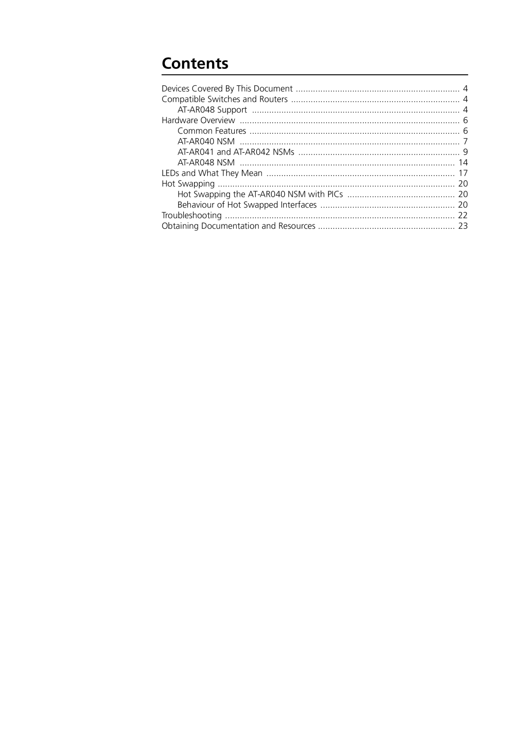 Allied Telesis AT-AR042, AT-AR048, AT-AR040-10, AT-AR041-00 manual Contents 