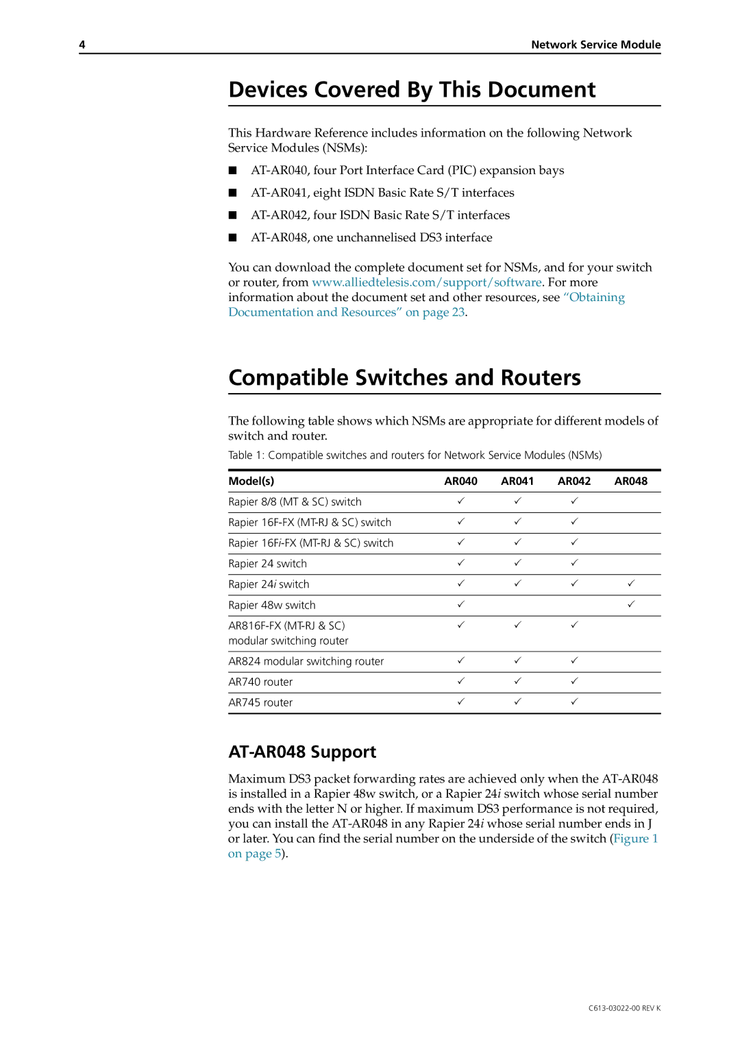 Allied Telesis AT-AR041-00, AT-AR042 Devices Covered By This Document, Compatible Switches and Routers, AT-AR048 Support 