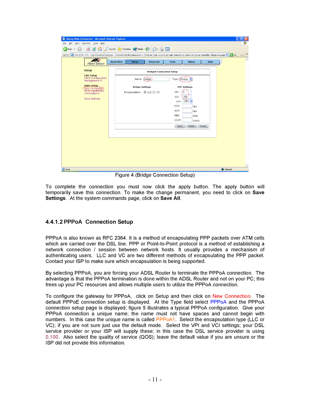 Allied Telesis AT-AR236E manual PPPoA Connection Setup 