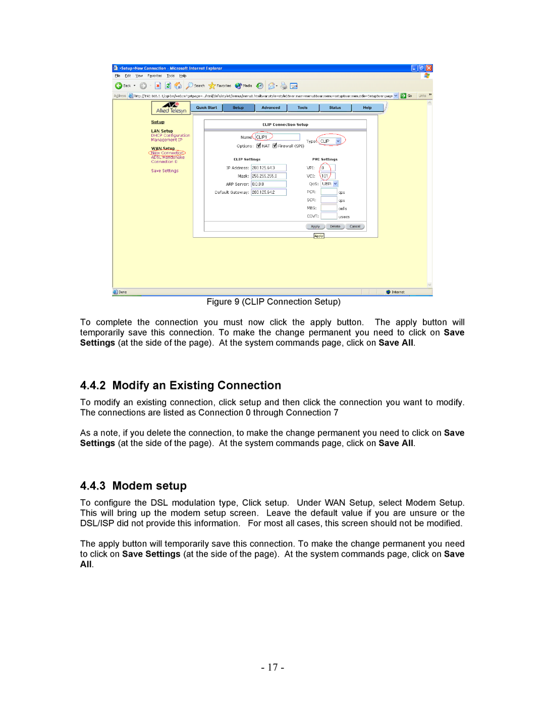 Allied Telesis AT-AR236E manual Modify an Existing Connection, Modem setup 