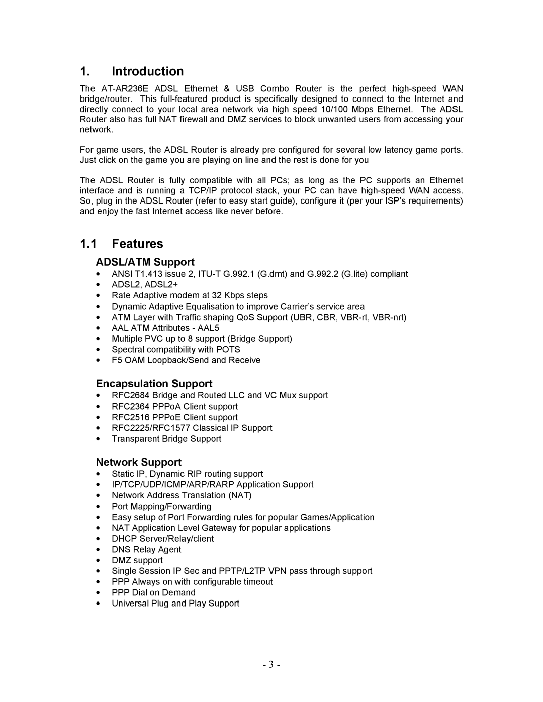 Allied Telesis AT-AR236E manual Introduction, Features 