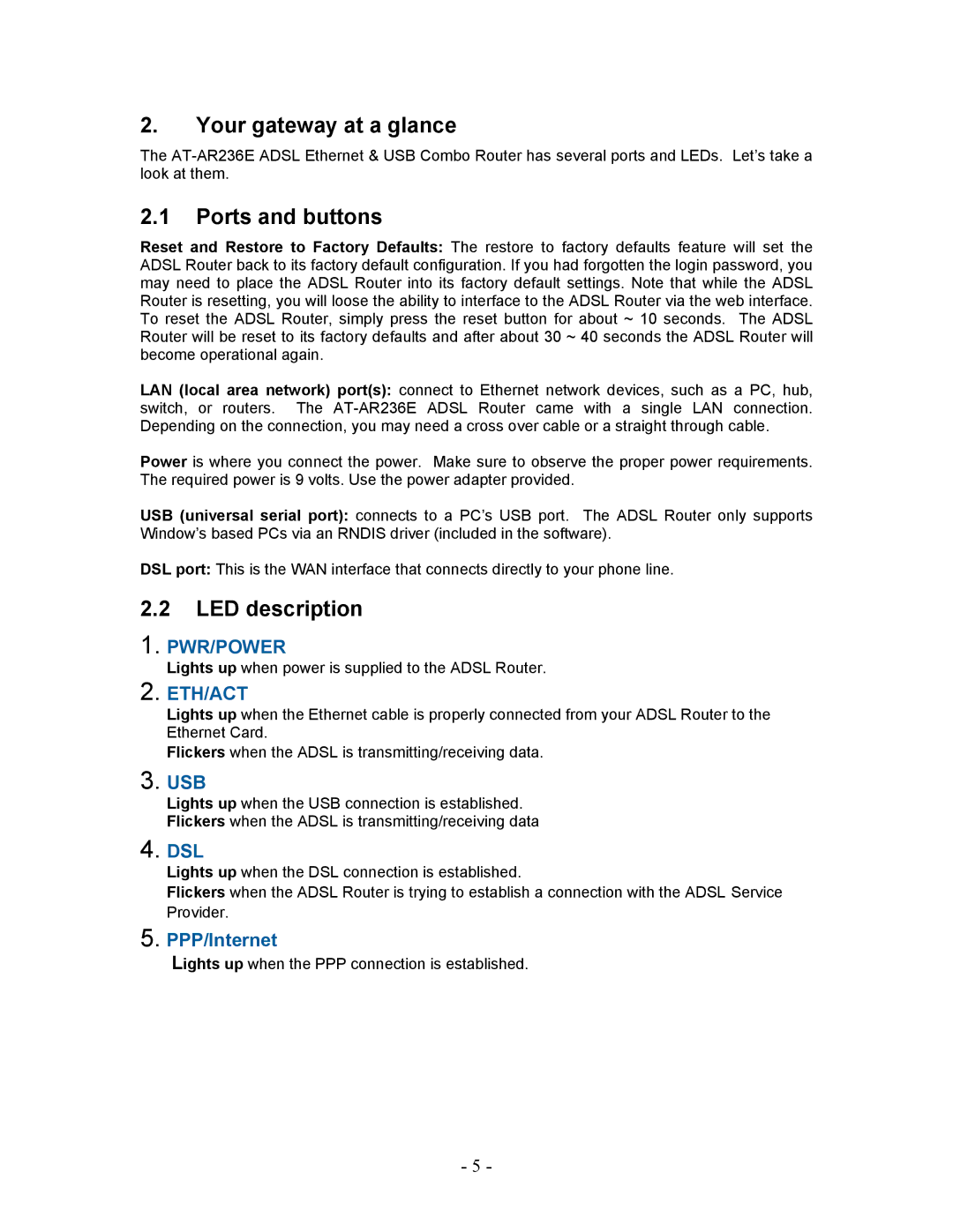 Allied Telesis AT-AR236E manual Your gateway at a glance, Ports and buttons, LED description 