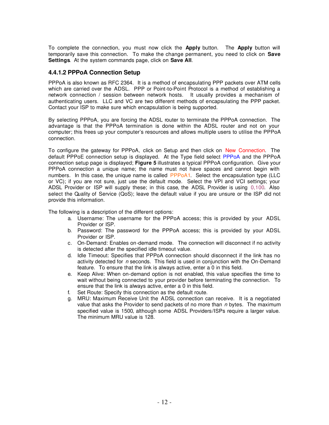 Allied Telesis AT-AR256E manual PPPoA Connection Setup 