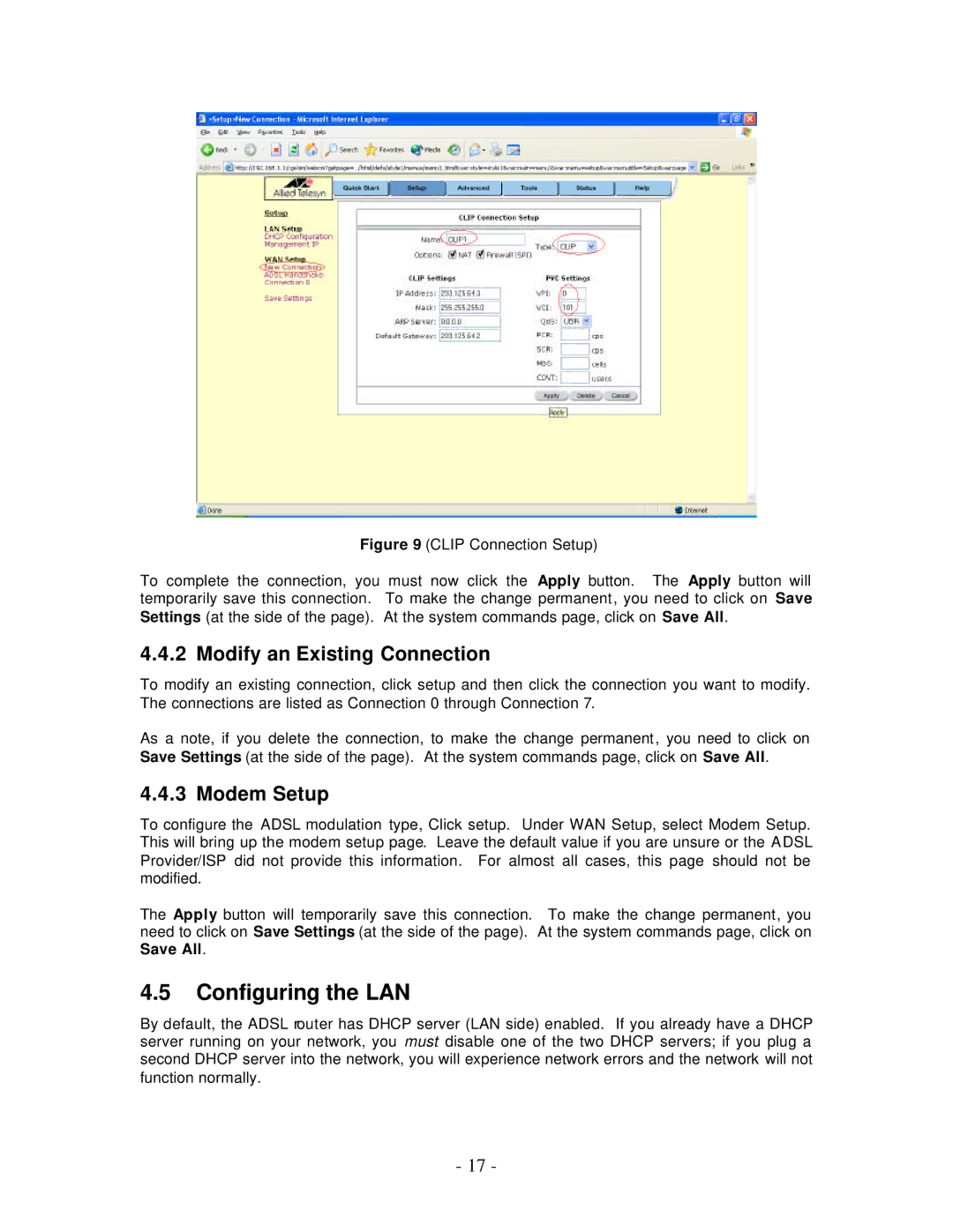 Allied Telesis AT-AR256E manual Configuring the LAN, Modify an Existing Connection, Modem Setup 