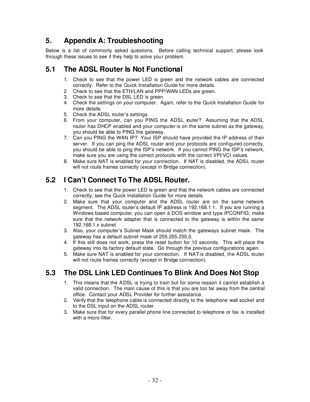 Allied Telesis AT-AR256E manual Appendix a Troubleshooting, Adsl Router Is Not Functional, Can’t Connect To The Adsl Router 