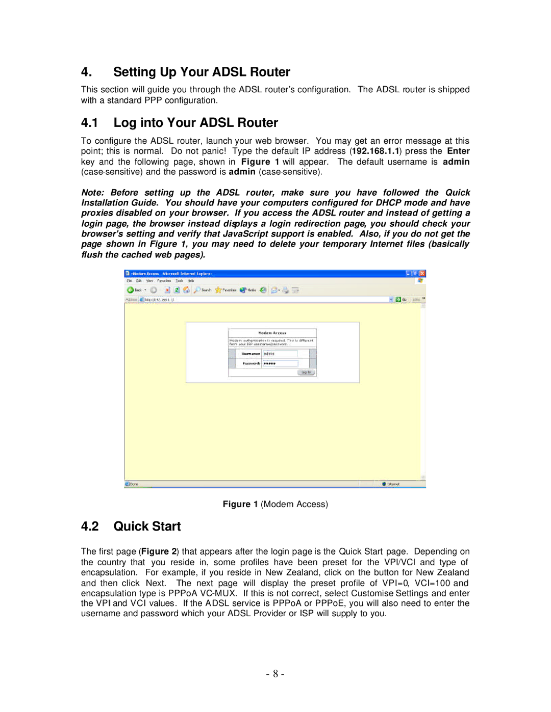 Allied Telesis AT-AR256E manual Setting Up Your Adsl Router, Log into Your Adsl Router, Quick Start 